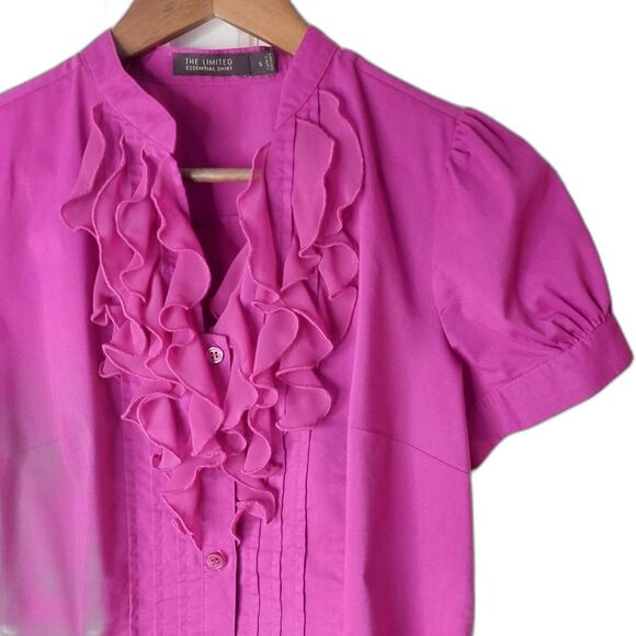 The Limited Magenta Fuschia Ruffled Blouse with Puffy Button Sleeves Sz S - Picture 4 of 9